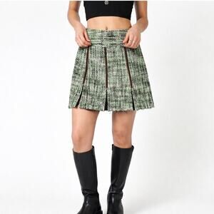 Heart Moon Star Green Tweed Pleated Mini Skirt Y2K Era Size 0